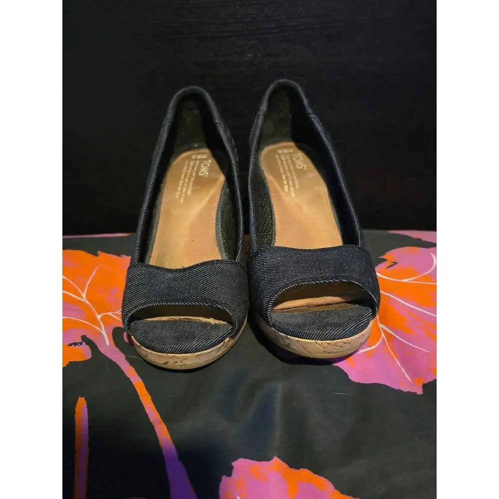 Toms Stella peep toe cork wedges black denim size 8.5‎